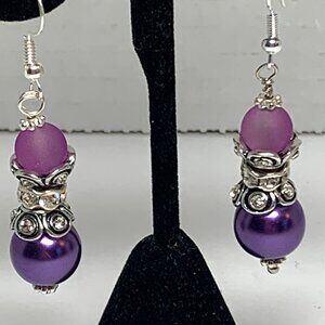 Purple & Silver Sea Glass Pearl Rhinestone Drop Earrings Handmade